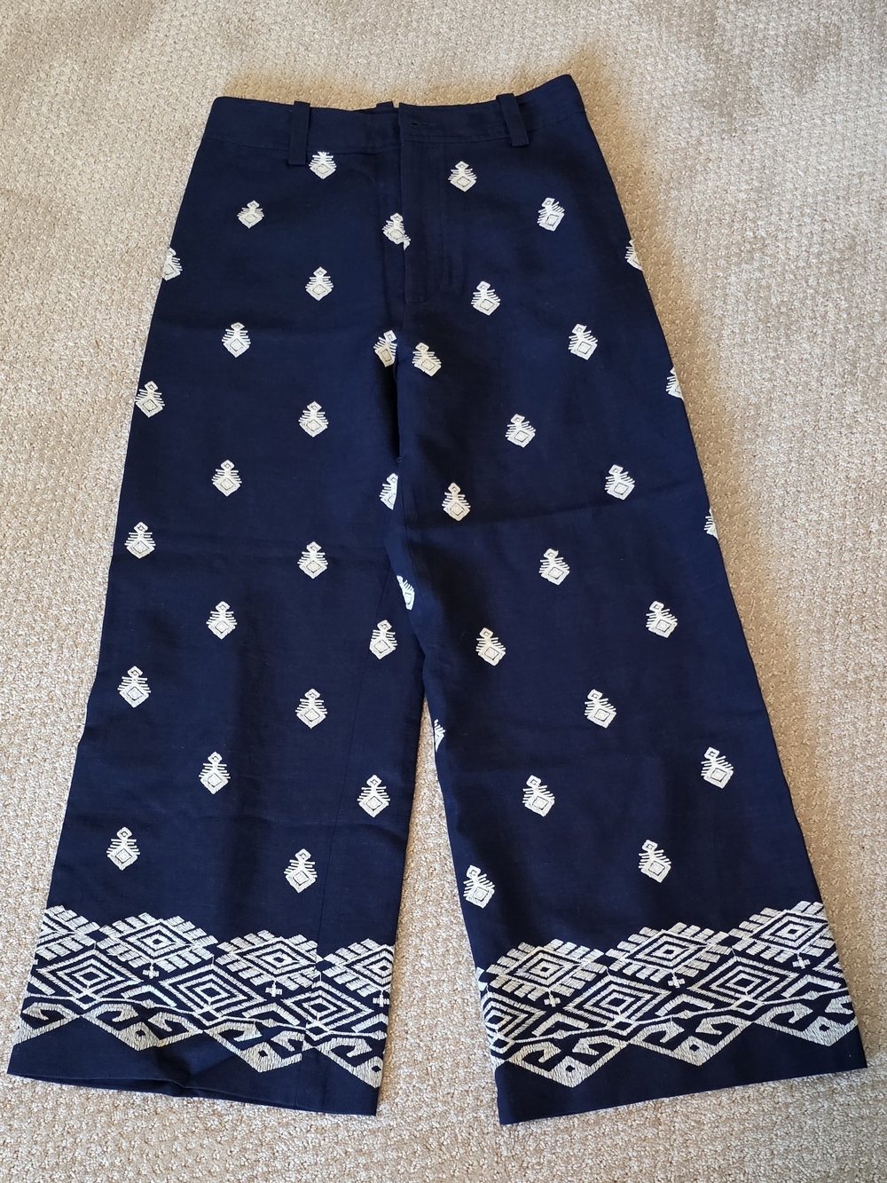 Zara Navy Wide-Leg Embroidered Pants with White Motif